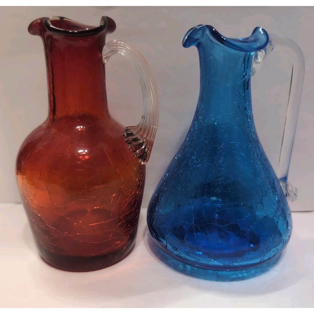 Vintage Cracked Glass Hand Blown Mini Pitchers / Bud Vases Set Of 2 Art Glass - Picture 2 of 15
